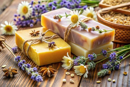 Natural handmade soaps with honey lavender chamomile and goat milk