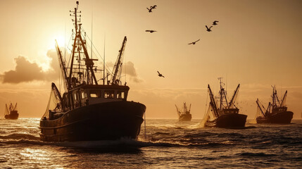 Obraz premium A fleet of commercial fishing boats at sea during sunrise, casting their nets, with the vast ocean in the background and seagulls flying overhead