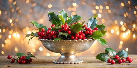 A Festive Arrangement of Holly Berries in a Silver Bowl Against a Background of Warmly Glowing Lights