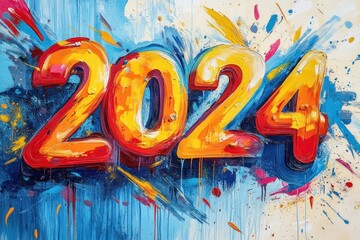 A colorful, abstract, and artistic representation of the year 2024, featuring vibrant colors and a dynamic, energetic style.