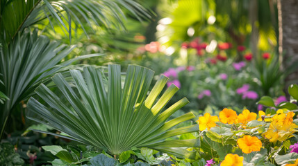 A lush garden filled with various tropical plants, showcasing large, fan-shaped palm leaves in the foreground, while colorful flowers bloom in the background