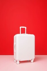 A Sleek White Suitcase on a Vibrant Red Background in a Modern Setting