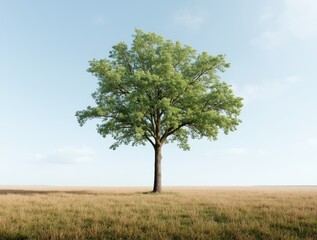 Obraz premium A Solitary Green Tree Stands Tall in a Sunlit Meadow Under a Clear Blue Sky During Midday