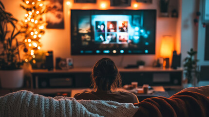 A person browsing through streaming platforms on a large TV, with a cozy sofa, blankets, and snacks ready for a holiday movie marathon in a dimly lit living room