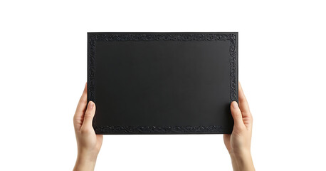 Obraz premium Showcase your designs and messages with this sleek black sign held by realistic hands. Ideal for presentations, mockups, and marketing materials.