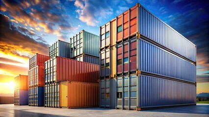 Fototapeta premium Modern metal building made of shipping containers with sky background