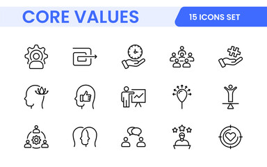 Core Values outline icons set. Core, values, business, leadership, goals, target, client, quality, success, responsibility and quality.