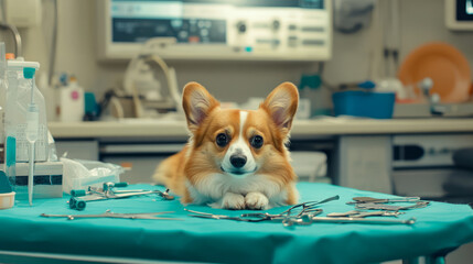 A spaying and neutering procedure being prepared in a veterinary operating room, with medical tools laid out and a calm pet under anesthesia