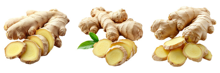 Fresh ginger root slices isolated on transparent PNG background image perfect for food-themed illustrations or spice designs