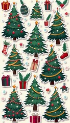 Colorful Christmas tree stickers and festive decorations artistically arranged for holiday celebrations in a cheerful seasonal design.