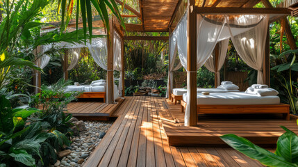 Fototapeta premium A tranquil outdoor aroma spa with a wooden deck surrounded by lush greenery, massage beds under canopies, and soothing sounds of nature enhancing the peaceful experience