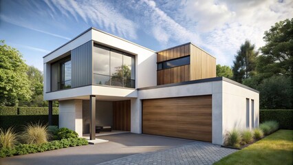Modern minimalist house with cubic extension and garage