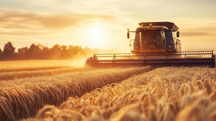 Fototapeta premium A silhouette of a combine harvester working in a golden cereal field, dramatically backlit by the setting sun, creating a striking agricultural scene.