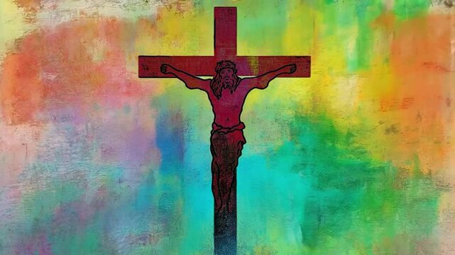 Jesus Christ on the cross on colorful abstract background. Abstract Catholic religious video.