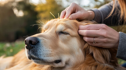 A veterinarian practicing integrative medicine, performing acupuncture on a calm dog, blending traditional and alternative approaches to pet health