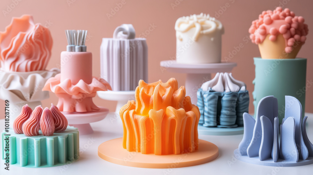 Fototapete a vibrant image of 3d-printed birthday cakes in various unique shapes and colors, displayed on a tab