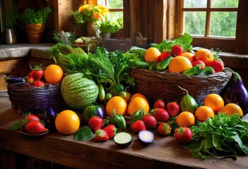 vibrant display fresh fruits vegetables colorful arrangement capturing bounty, array, harvest, organic, rustic, natural, juicy, ripe, green, red, yellow