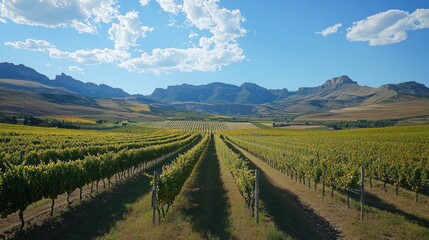 Fototapeta premium A panoramic view of a vineyard with rows of grapevines stretching out towards a mountain range. The vineyard is surrounded by rolling hills, and the sky is blue with white clouds.