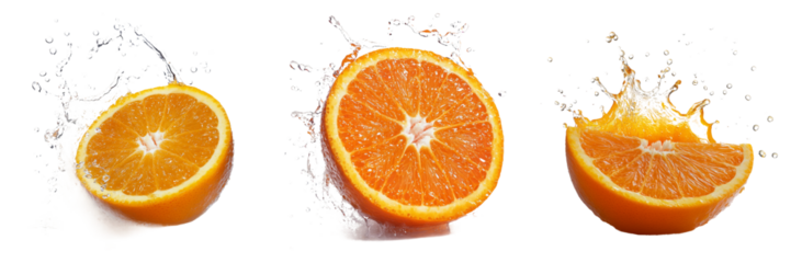 Orange halves with splash isolated on transparent PNG background image perfect for food-themed illustrations or beverage designs