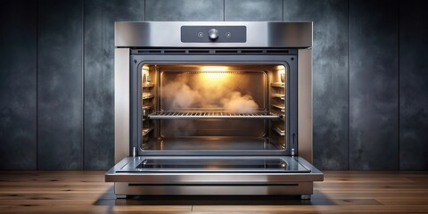Modern oven releasing steam, extreme close-up