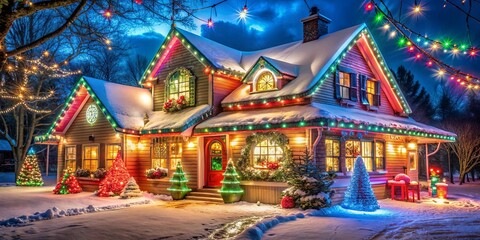 Fototapeta premium A cozy wooden house, adorned with festive lights, stands proudly in a snowy landscape, radiating warmth and cheer on a winter evening.