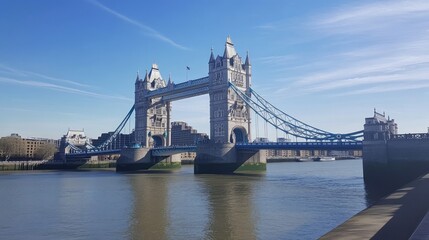 Obraz premium A wide shot of the iconic Tower Bridge in London, England, on a bright sunny day with clear blue skies and calm waters of the River Thames.