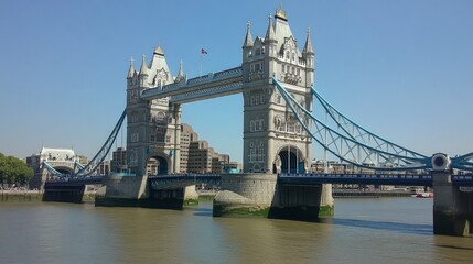 Obraz premium A wide shot of Tower Bridge in London, England, on a sunny day. The bridge is a popular tourist destination and a symbol of the city.