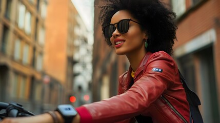 Fototapeta premium 34. A model displaying a digital watch while biking in the city