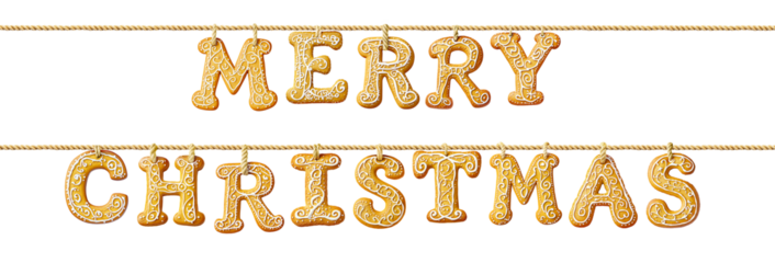 Merry Christmas Garland Made of Hanging on Rope Gingerbread Cookies Isolated on White and Png Transparent Background
