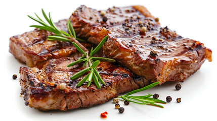 grilled beef steaks with spices isolated on white background ,Grilled beef steak with rosemary