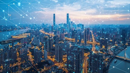 Fototapeta premium A panoramic view of a modern city skyline at dusk with a network of lines connecting the buildings.