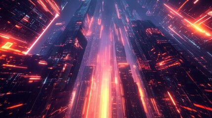 Naklejka premium A futuristic cityscape with tall buildings lit by neon lights.