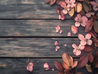 Autumn foliage and blossoms on a wooden surface with space for text