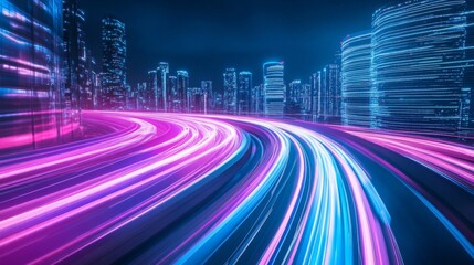 Obraz premium Neon Cityscape with Fast Moving Light Trails