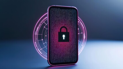 Smartphone with digital security lock surrounded by a glowing network, abstract technology background