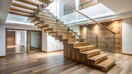 Modern wooden staircase with glass balustrade and mirror on back wall