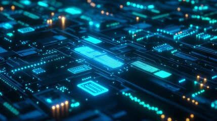 Obraz premium Futuristic Circuit Board with Glowing Blue Lines and Orange Dots