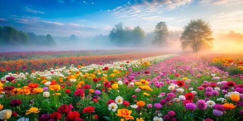 Fototapeta premium A colorful meadow of wildflowers bathed in soft morning light, a single tree stands tall in the mist, its branches reaching towards the sky.