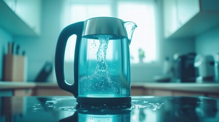 Naklejka premium Malfunctioning Electric Kettle: Sparking, Bubbling Crisis in Dark Kitchen
