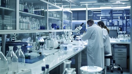 Pharmaceutical Lab Scientists Developing New Medicines Surrounded by Glassware and Equipment