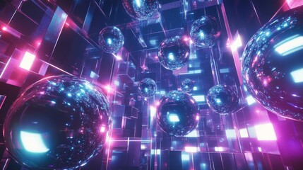 Abstract 3D Render of Shiny Spheres in a Glittering Neon Grid
