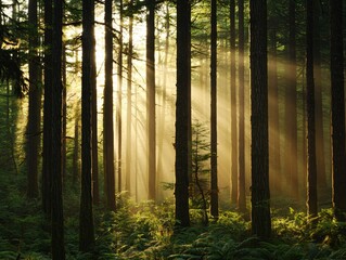 Obraz premium Sun rays filtering through trees in a serene forest setting, nature's tranquility.