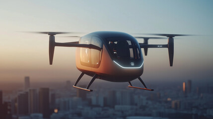Sleek electric air taxi hovering above futuristic city skyline, smooth aerodynamic design, golden hour sunlight, modern transportation concept.