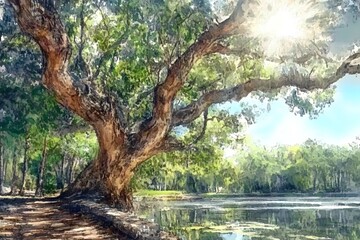Watercolor Painting of a Tree by a Pond