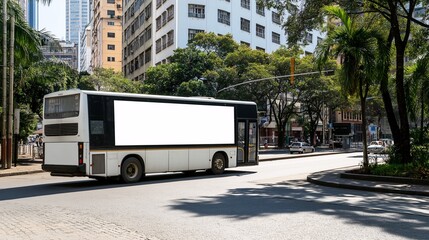 Fototapeta premium Urban Bus on City Street with Blank Side Panel