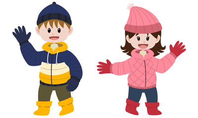 Cute Kids In Winter Clothes, Smiling And Waving Hand, Vector Illustration, Cartoon Style. Little Boy And Little Girl.