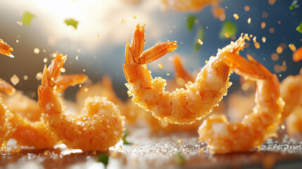 Crispy golden shrimp are beautifully arranged, showcasing their appetizing texture and vibrant color. scene is lively, with sprinkle of herbs adding freshness