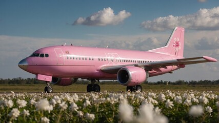 Obraz premium Pink Airplane Adorned with White Flowers in Focus