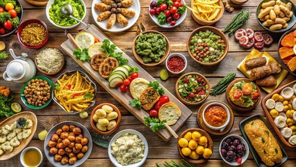 Fototapeta premium A Rustic Wooden Table Spread With A Festive Variety of Dishes and Appetizers, Each Serving as a Culinary Symphony of Flavors and Textures.