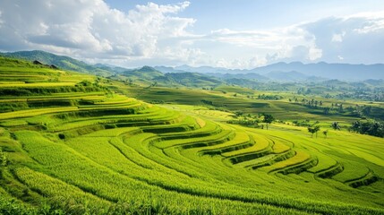 Fototapeta premium Rice paddies in various shades of green and yellow on a sunny day, with a distant horizon.